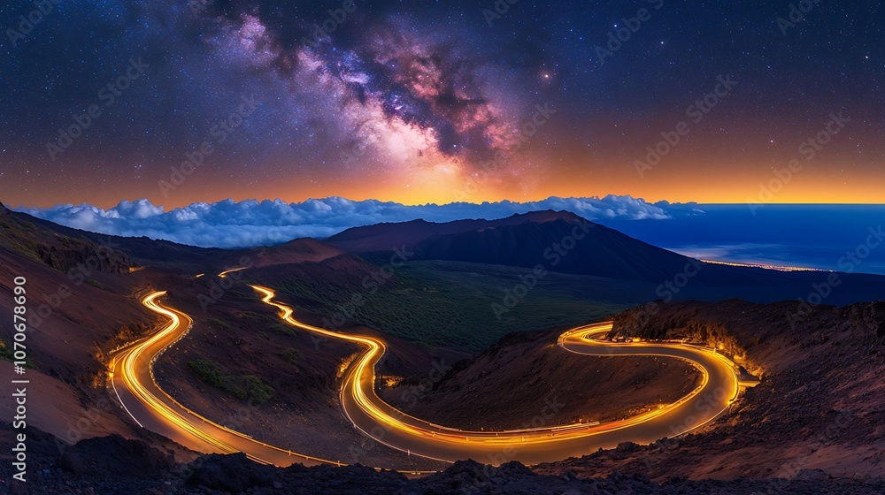 Fototapeta premium A winding road leads to the peak under a starry sky with distant mountains and ocean at twilight