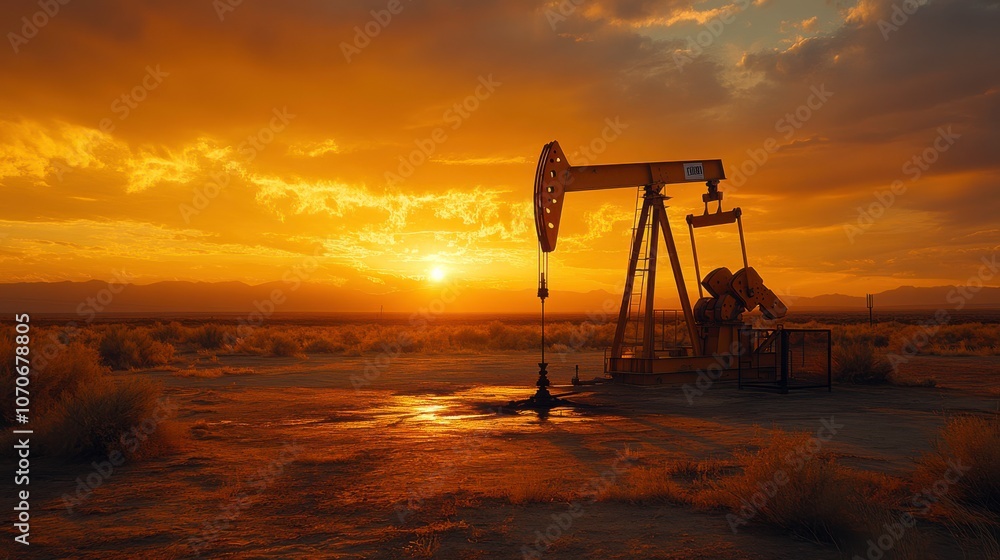 Fototapeta premium Oil Well Drilling in a Sunny Desert Landscape