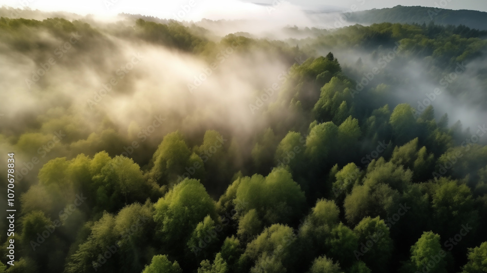 Aerial view of a lush green forest with morning fog rolling through the trees, soft sunlight filtering down, vibrant colors Aerial view of a lush green forest with morning fog rolling through the trees, soft sunlight filtering down, vibrant colors