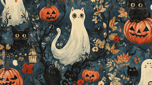 Illustrate a seamless pattern with a vintage Halloween feel, including classic elements like black cats, lanterns, and Victorian style ghosts vector graphic illustration.
