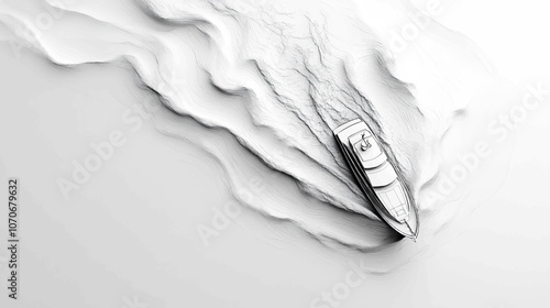 Imagine a boat cruising through still water forming waves, line art, creative, hand drawn of aerial view vector illustration black and white background.