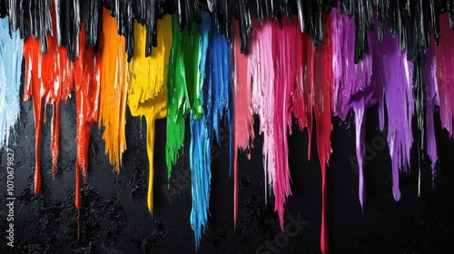 A vibrant display of dripping paint colors against a textured black background, creating an artistic and dynamic visual.