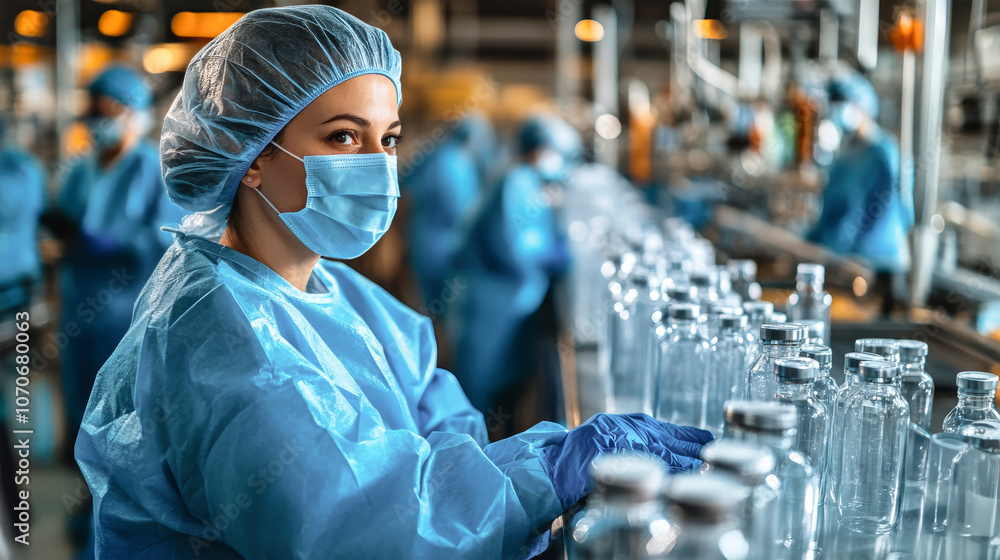 Woman in blue protective gear works on glass medical bottle production line with team members Woman in blue protective gear works on glass medical bottle production line with team members