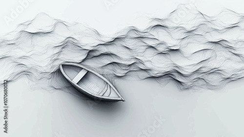 Imagine a boat cruising through still water forming waves, line art, creative, hand drawn of aerial view vector illustration black and white background.