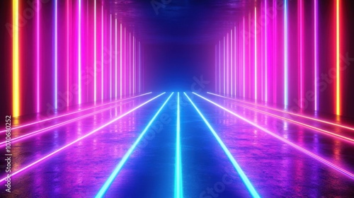 A vibrant scene featuring glowing neon lights in pink and blue, creating a futuristic hall, evoking a sense of energy.