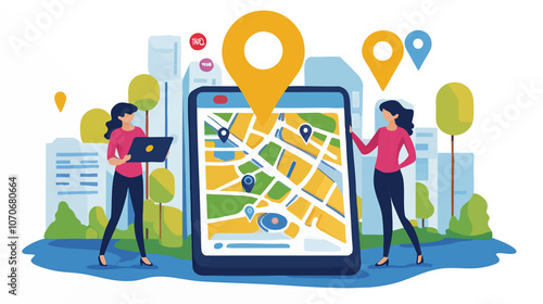 Tourists planning trip, route, itinerary on digital map. Couple marking locations in online guide with pin pointers for vacation journey. Flat graphic vector illustration background.