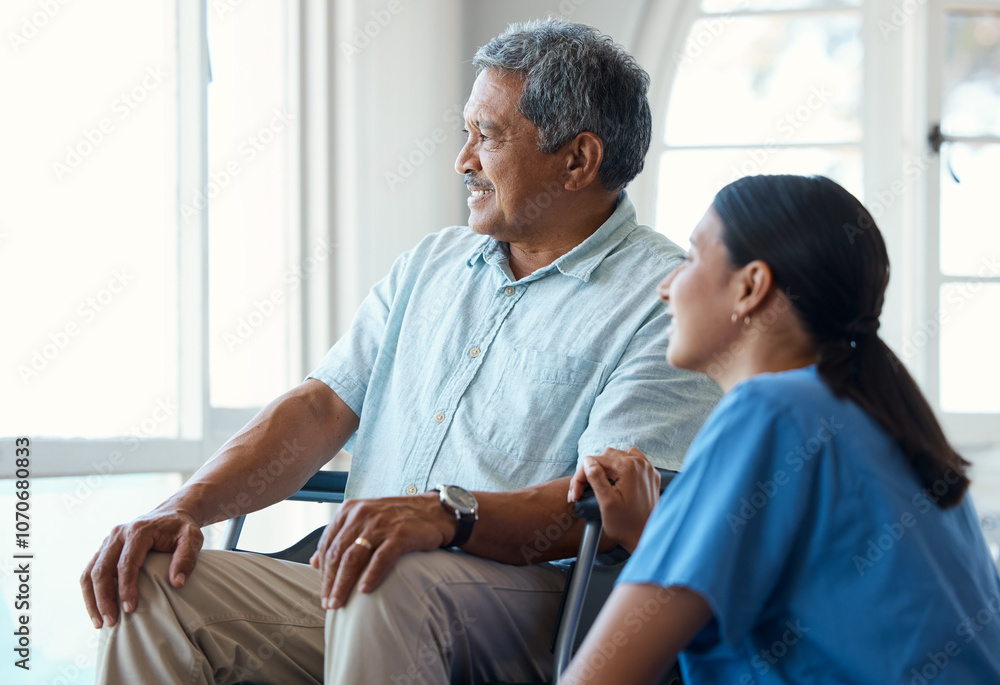 Nurse, man with a disability and thinking for wheelchair, healthcare and support with assisted living. Women, caregiver and empathy for house service, discussion and rehabilitation with senior care