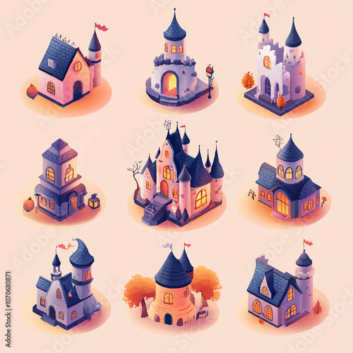 Magic castle halloween set isometric vector flat isolated illustration. Castles video game isometric assets medieval buildings from old rocks and bricks 3d houses vector old fort.