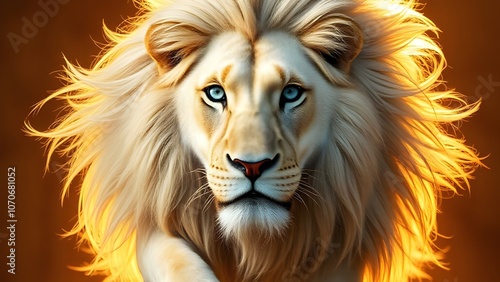 Majestic White Lion Staring Intently Beautiful Eyes Captivating Mane Powerful Presence Wild Animal photo