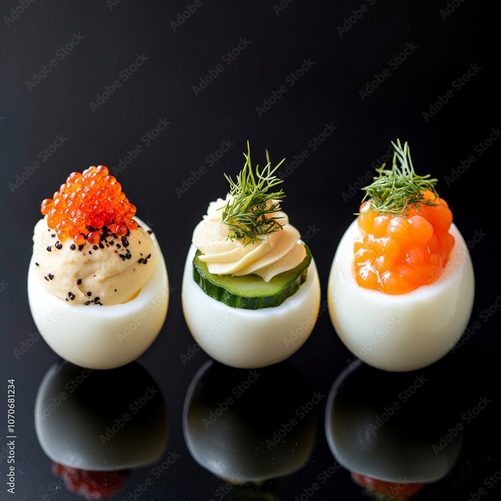 Elegant Egg Appetizers: Gourmet Deviled Eggs with Caviar, Cream Cheese, and Salmon Toppings on Black Background for Upscale Dining and Culinary Inspiration Elegant Egg Appetizers: Gourmet Deviled Eggs with Caviar, Cream Cheese, and Salmon Toppings on Black Background for Upscale Dining and Culinary Inspiration