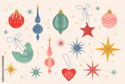 Happy holidays elements collection. Cute vintage Christmas baubles, stars and toys. Scandi style xmas objects for interior decoration. Hand drawn flat design vector illustration.
