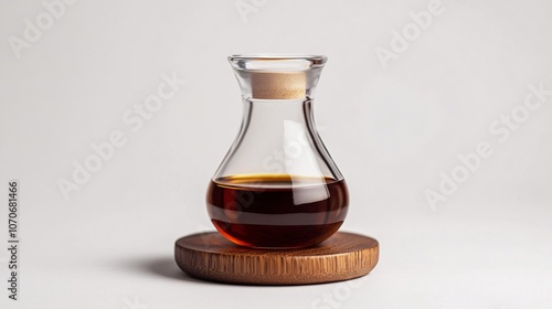 Soy Sauce in a Glass Bottle with Cork on a Wooden Coaster