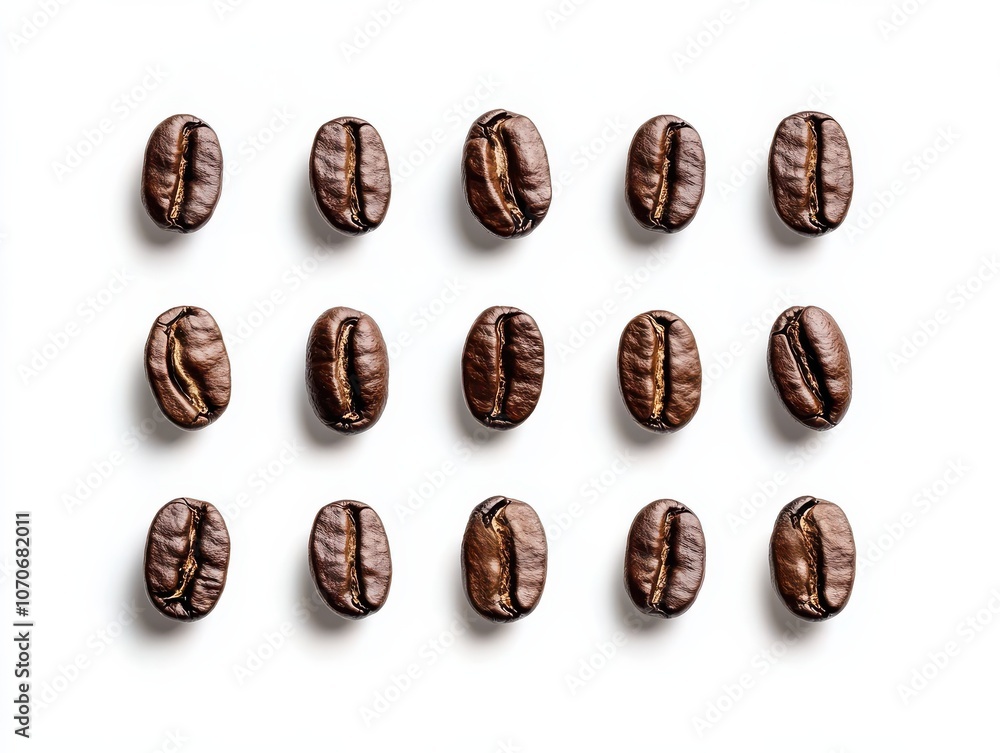 Close-up shot of 18 coffee beans arranged in rows on a white background. Close-up shot of 18 coffee beans arranged in rows on a white background.