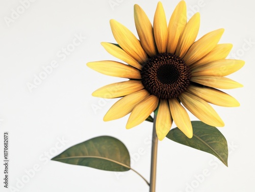 A single sunflower with bright yellow petals and a dark brown center stands out against a white background. photo