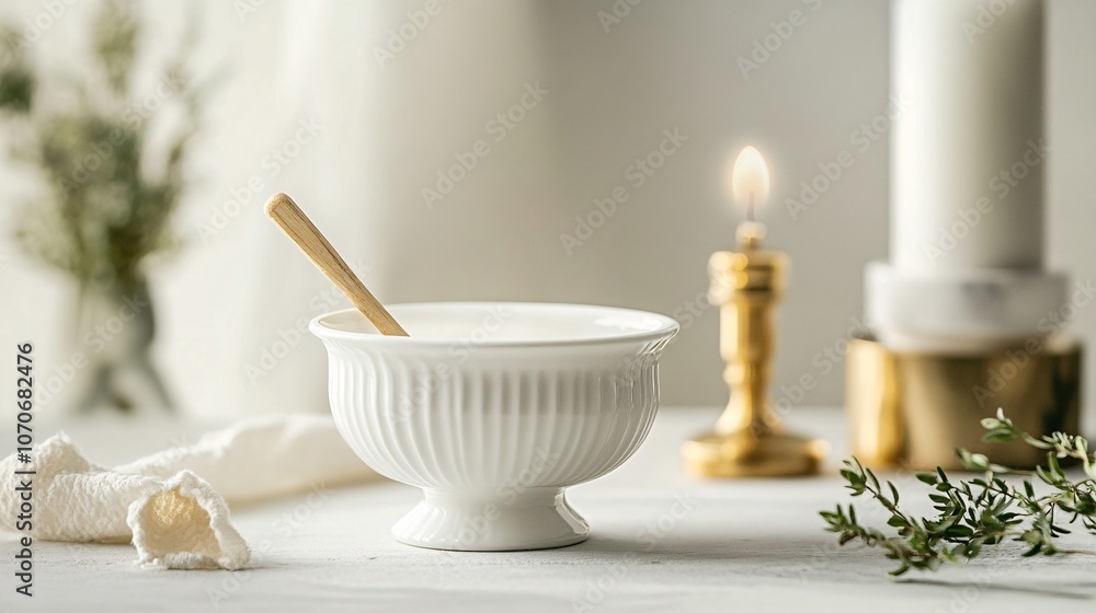 Elegant White Footed Bowl with Wooden Spoon, Candle, and Sprig of Thyme on Rustic Table Elegant White Footed Bowl with Wooden Spoon, Candle, and Sprig of Thyme on Rustic Table