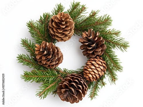 A rustic Christmas wreath made with pine branches and pine cones.