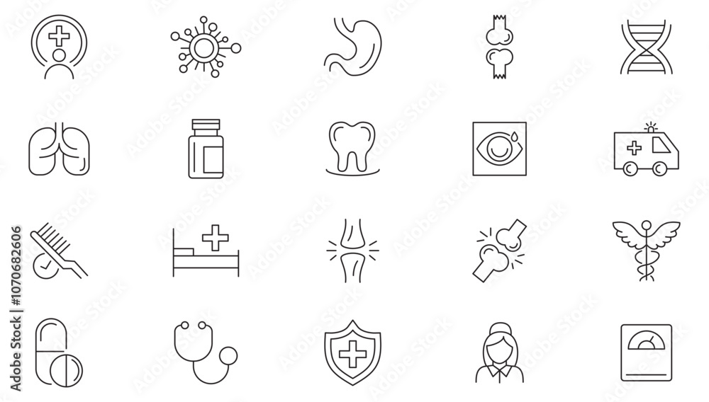 Fototapeta premium Medicine and Health line icon set. Medicine, health care, coronavirus, medicine bottles, pill dispensers, lab tests, blood donation, medical conference line icon set. UI thin line icon pack.