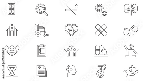Medicine and Health line icon set. Medicine, health care, coronavirus, medicine bottles, pill dispensers, lab tests, blood donation, medical conference line icon set. UI thin line icon pack.