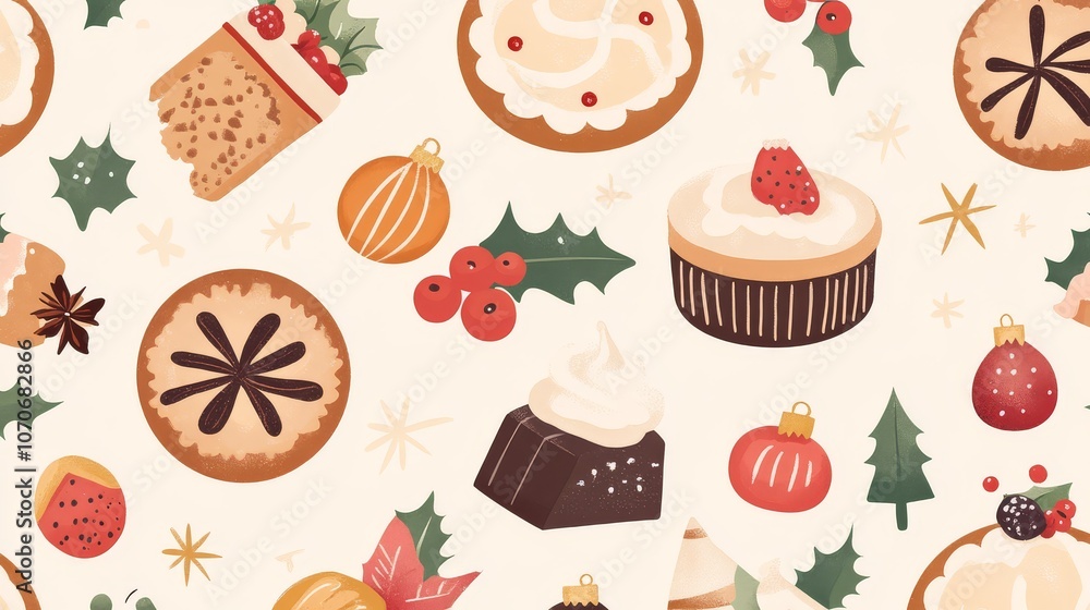 A background featuring minimalist illustrations of Christmas bakes such as fruitcakes and mince pies with gentle pastel colors A background featuring minimalist illustrations of Christmas bakes such as fruitcakes and mince pies with gentle pastel colors