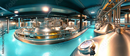 Large microbrewery production line featuring stainless steel tanks and equipment at night with a sleek blue-green floor photo