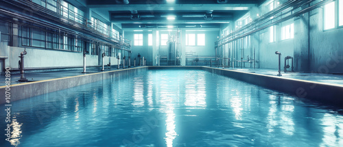 A modern water treatment plant with clear blue water flowing through purification systems and piping, showcasing an industrial complex at midday