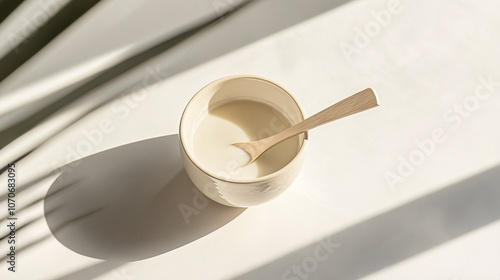 Creamy Oat Milk in a White Cup with Wooden Spoon: A Minimalist Still Life