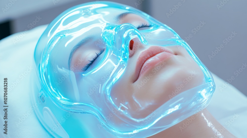 Fototapeta premium Close-up of woman receiving a modern blue LED light therapy facial treatment in a spa setting