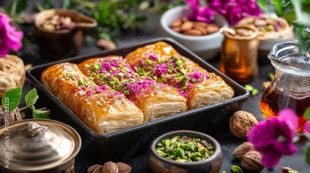 Close-up of traditional baklava dessert with honey and pistachios in a decorative serving on dark background Close-up of traditional baklava dessert with honey and pistachios in a decorative serving on dark background
