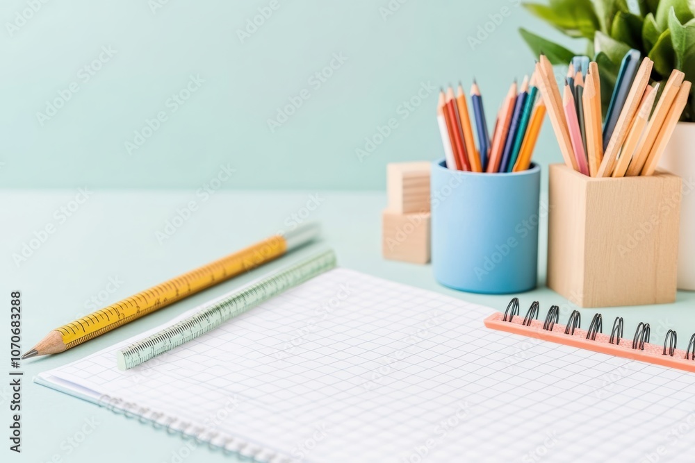 Fototapeta premium Blank Notebook and Pencils: A fresh start, a blank canvas, and the tools to bring ideas to life. A still life of a notebook, pencils, and a plant on a light blue background.
