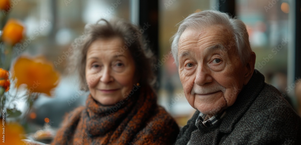 An elderly couple sits closely together at a cafe, enjoying each other’s company amidst a warm, inviting atmosphere filled with flowers. An elderly couple sits closely together at a cafe, enjoying each other’s company amidst a warm, inviting atmosphere filled with flowers.