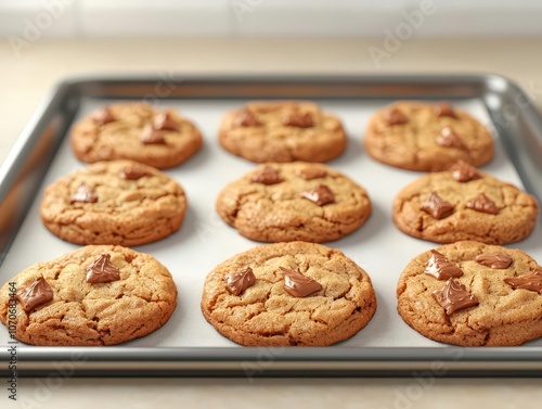 Baked chocolate chip cookies on a baking tray, ready to be enjoyed.