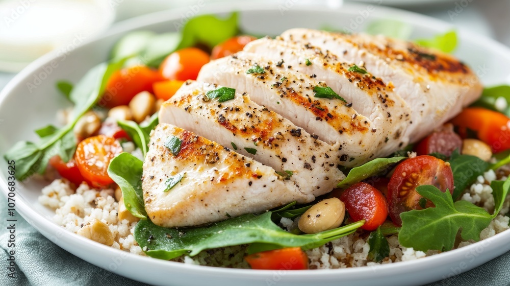 Healthy grilled chicken salad with fresh vegetables and grains in a bowl Healthy grilled chicken salad with fresh vegetables and grains in a bowl