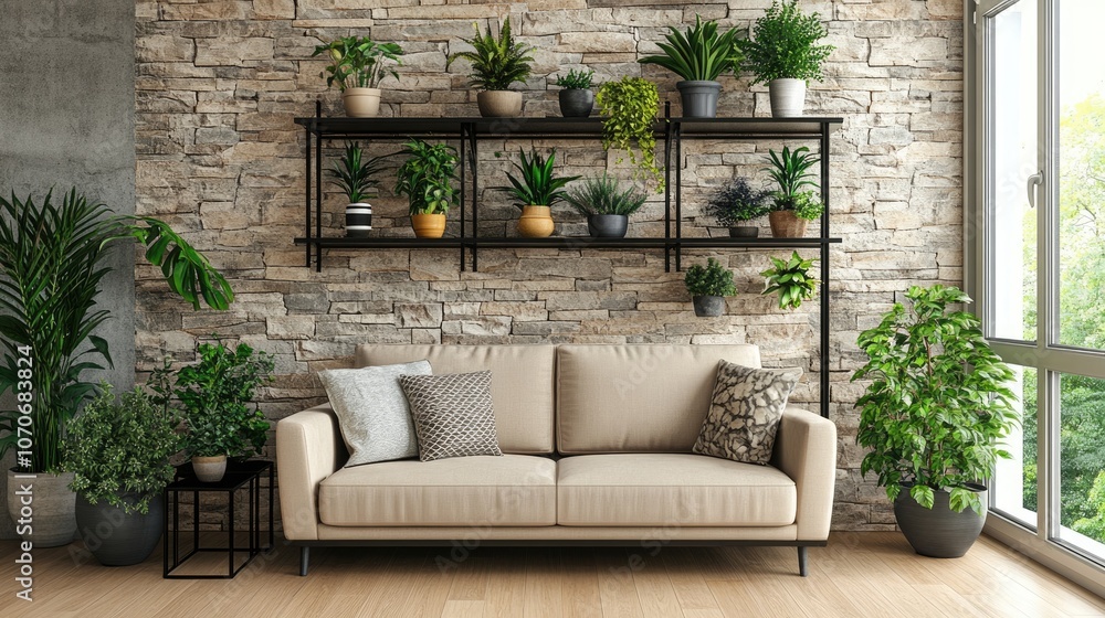 Obraz premium Modern Living Room with Stone Wall and Plants