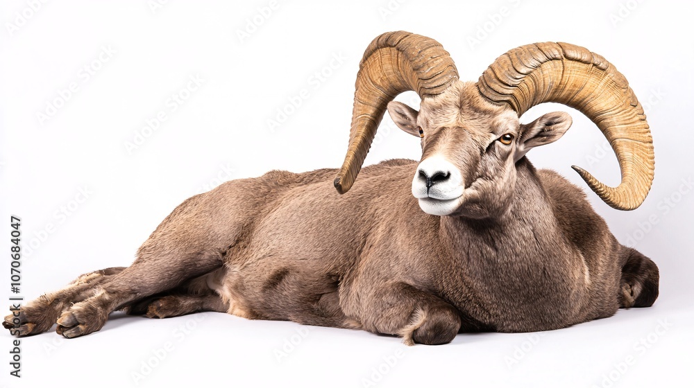 Majestic Bighorn Sheep Ram Resting on White Background Majestic Bighorn Sheep Ram Resting on White Background