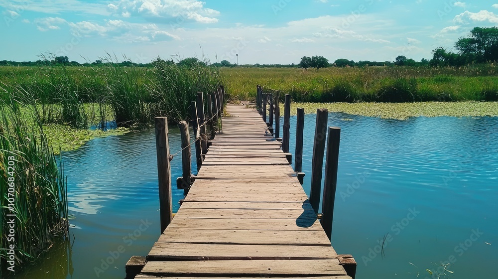Naklejka premium Wooden bridge over a calm blue river with lush green vegetation on both sides on a sunny day.
