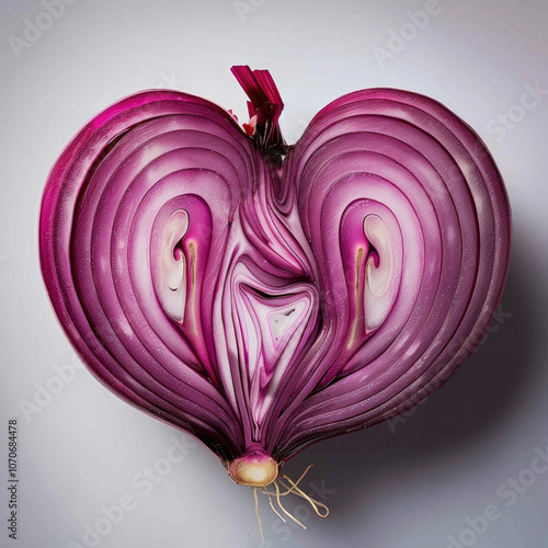 A halved red onion shaped like a heart