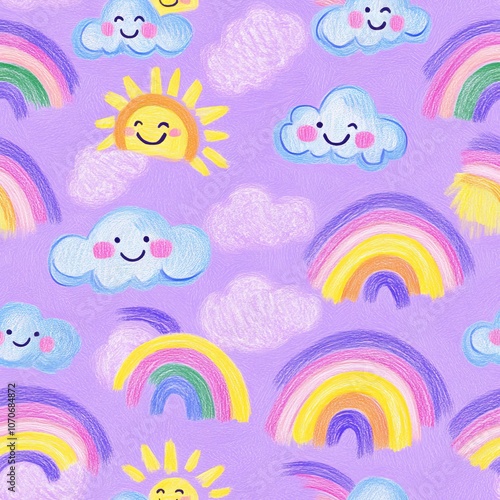 Seamless cute pattern with smiling clouds, suns, and rainbows on purple, creating a cheerful design
