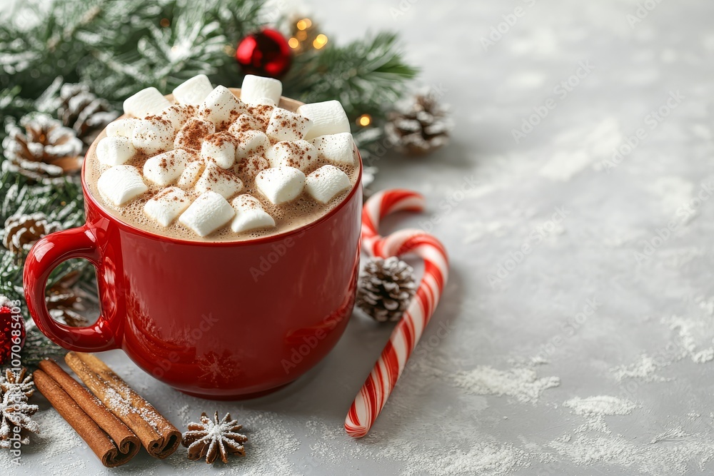 Red mug of hot chocolate with marshmallows, surrounded by cinnamon sticks and a candy cane, set against a light gray background with Christmas decorations and pine branches. Red mug of hot chocolate with marshmallows, surrounded by cinnamon sticks and a candy cane, set against a light gray background with Christmas decorations and pine branches.