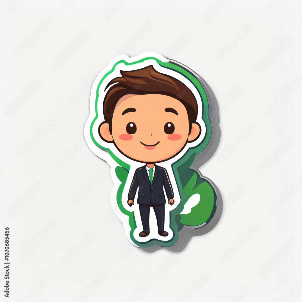 A cute cartoon sticker of a young man in a business suit with a green tie, standing confidently with a friendly expression. Perfect for professional, business, or educational themes in digital content A cute cartoon sticker of a young man in a business suit with a green tie, standing confidently with a friendly expression. Perfect for professional, business, or educational themes in digital content