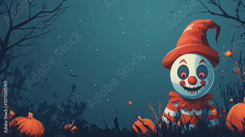 Halloween night colorful vintage background posters with scary dead bride and forest monster heads bats spooky scarecrow near cemetery evil clown with wooden board vector illustration.