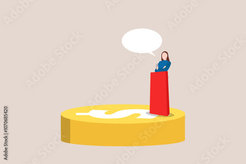 woman politician gives speech or lecture, standing on podium. money to make it work
