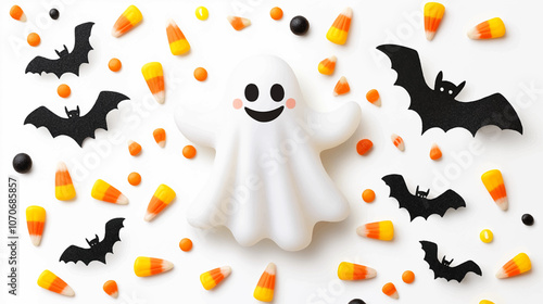 Playful Halloween clip art, smiling ghost with a friendly face, floating among small bats and candy corn, isolated on a white background.