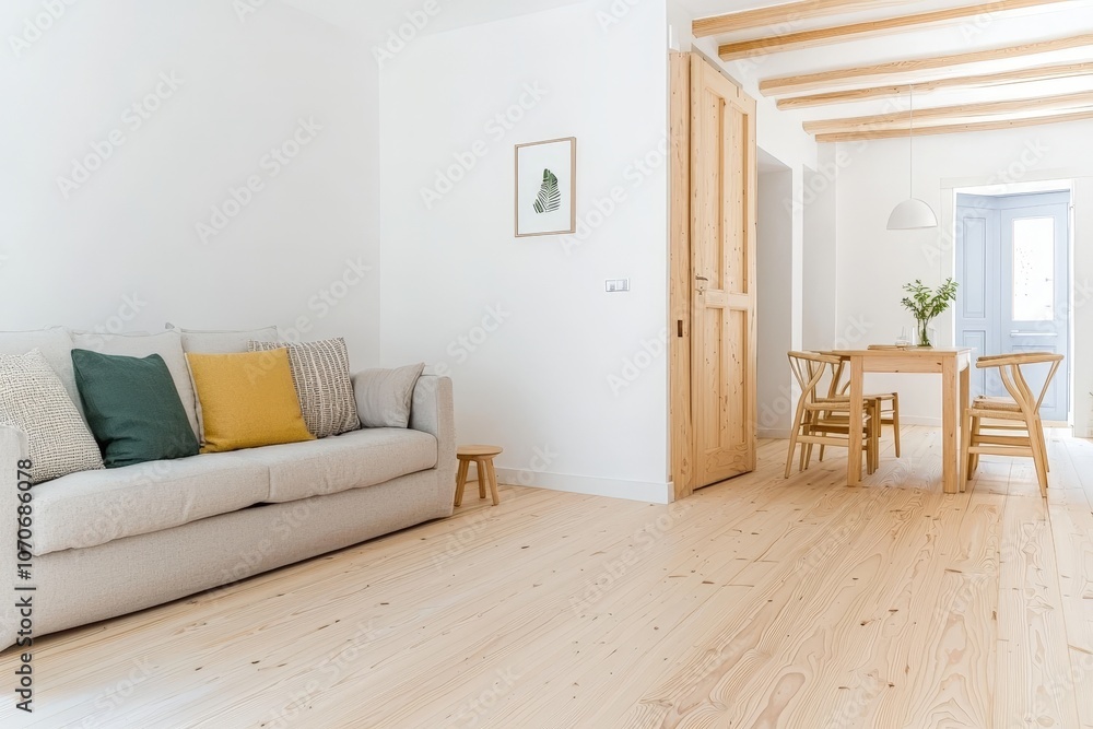 Fototapeta premium Stylish living room with cozy couch and elegant table for modern home decor inspiration