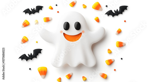 Playful Halloween clip art, smiling ghost with a friendly face, floating among small bats and candy corn, isolated on a white background.