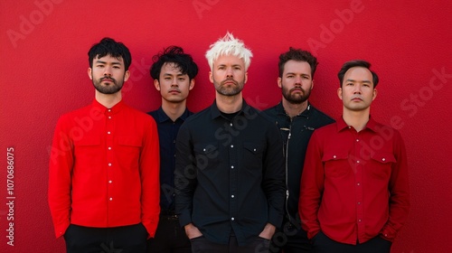 Five-Piece Band in Red and Black against a Crimson Backdrop