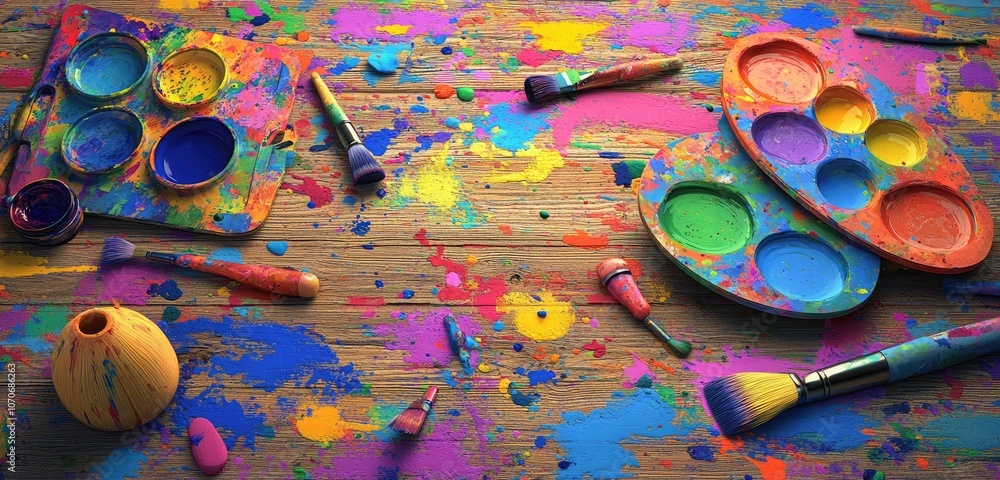 Fototapeta premium A vibrant artist's workspace featuring a colorful assortment of paint palettes, brushes, and ink splatters scattered across a wooden table.