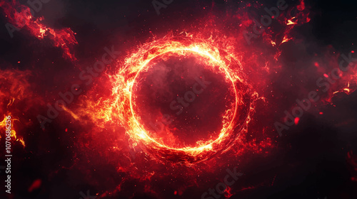 Red abstract circle plasma lightning particle effect, ring flame fire with swirling glow particles visual effect layer overlay isolated black background.