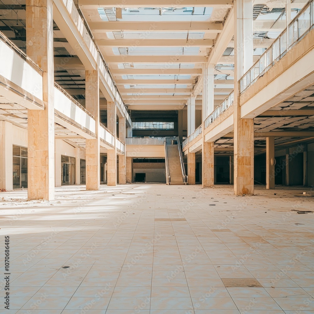 Abandoned Mall Interior with Sunbeams and Tiled Floor Abandoned Mall Interior with Sunbeams and Tiled Floor