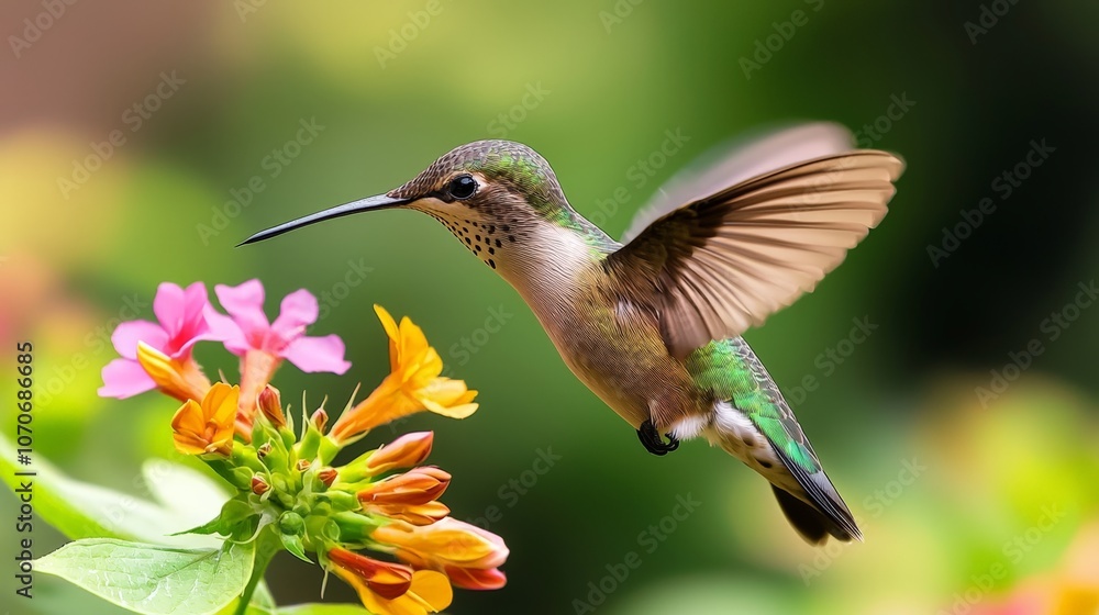 Fototapeta premium Captivating hummingbird in flight natures beauty above vibrant flowers
