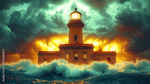 a view of a large lighthouse between dark clouds and waves